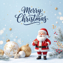 Naklejka premium Christmas social media Instagram post, ads website banner design with 3d render of santa claus holding gift and candy cane standing in snowy landscape with decorated christmas tree and baubles
