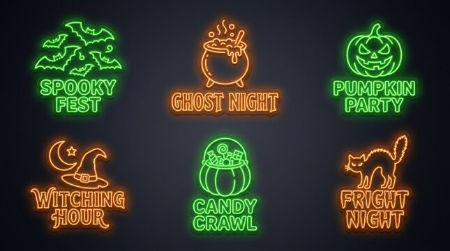 Glowing neon Halloween signs and icons, bats cauldron carved pumpkin witch hat candy basket and cat arranged in vibrant colorful composition