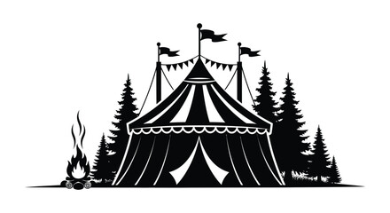 Circus tent with surrounding pine trees and campfire is depicted as a silhouette © MDAbujafor
