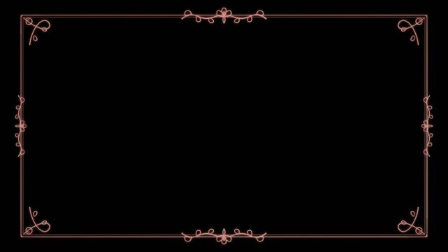 Frame border overlay isolated on black with rose gold pink floral wedding flourish loop 4k