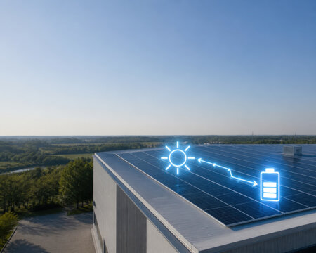 Warehouse Roof Managing Solar Power Hologram for Commercial Renewable Energy Smart Grid and Sustainable Logistics