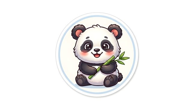 Adorable cartoon baby panda sitting and holding a fresh green bamboo stem inside a clean circular border, ideal for stickers and logos.