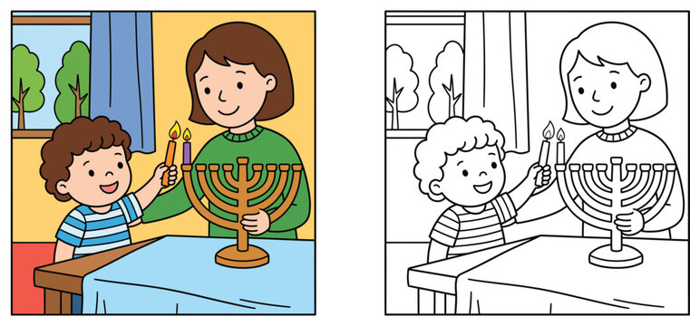 Cute Jewish mother and son lighting menorah candles for Hanukkah holiday celebration with colored illustration and black and white coloring page vector