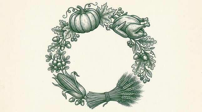 Thanksgiving wreath with etched pumpkin and roasted turkey, corn wheat maple leaves and acorns illustrated in intricate green line art