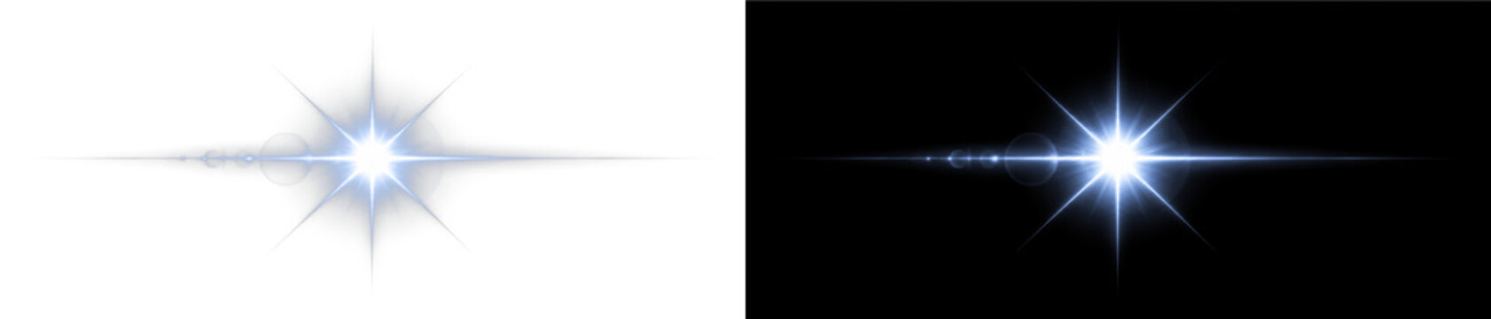 Radiant blue starburst PNG transparent overlay with luminous horizontal light burst, on transparent background