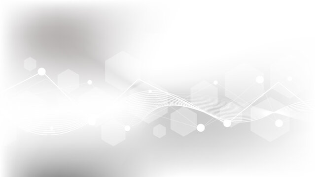 White grey background of science technology concept with connection lines, light particles and hexagon shapes. For clean digital network, modern medical science, presentation, poster, banner