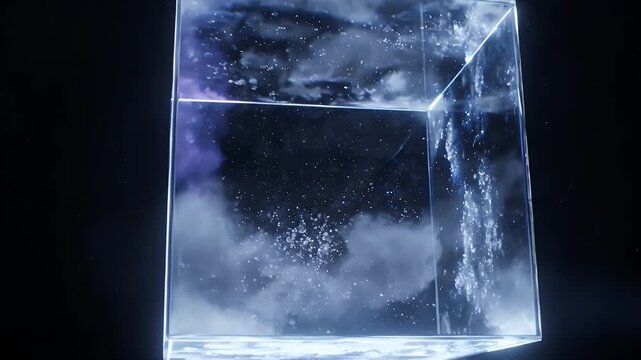 Abstract cube with swirling clouds inside on a black background.