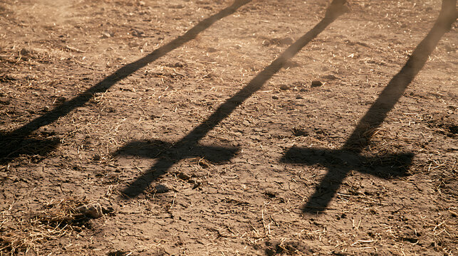 Dramatic shadows of three wooden crosses cast upon dry cracked earth ground surface in bright sunlight outdoors during holy week season event