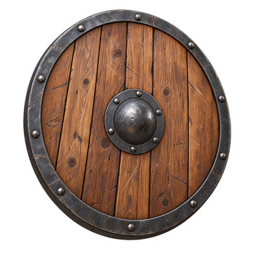 Round wooden fantasy shield with iron rim isolated