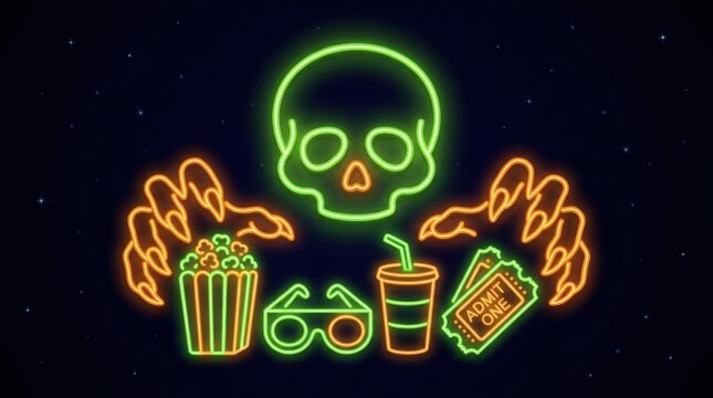 Neon green skull holding orange claw hands, cinema snacks popcorn soda and movie tickets displayed on dark background for spooky entertainment designs