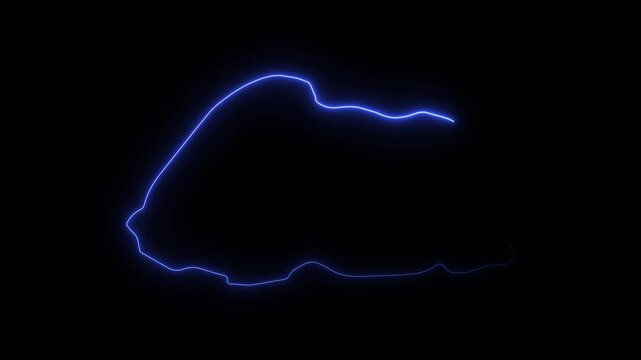 Glowing neon blue outline of Bhutan map shape isolated on a solid black background animation