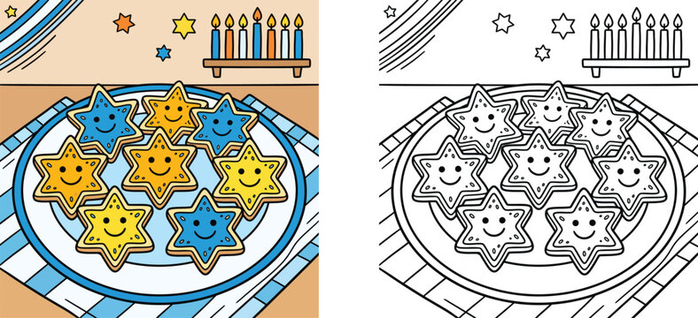 Hanukkah Star of David cookies vector illustration and coloring page set for kids Jewish holiday celebration with menorah and stars outline line art