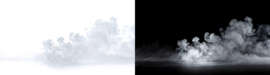 Fog billowing white smoke clouds swirl above glowing reflective ground with dense misty texture for design PNG, Transparent and Black Background Versions for editing © Nyxthrasza