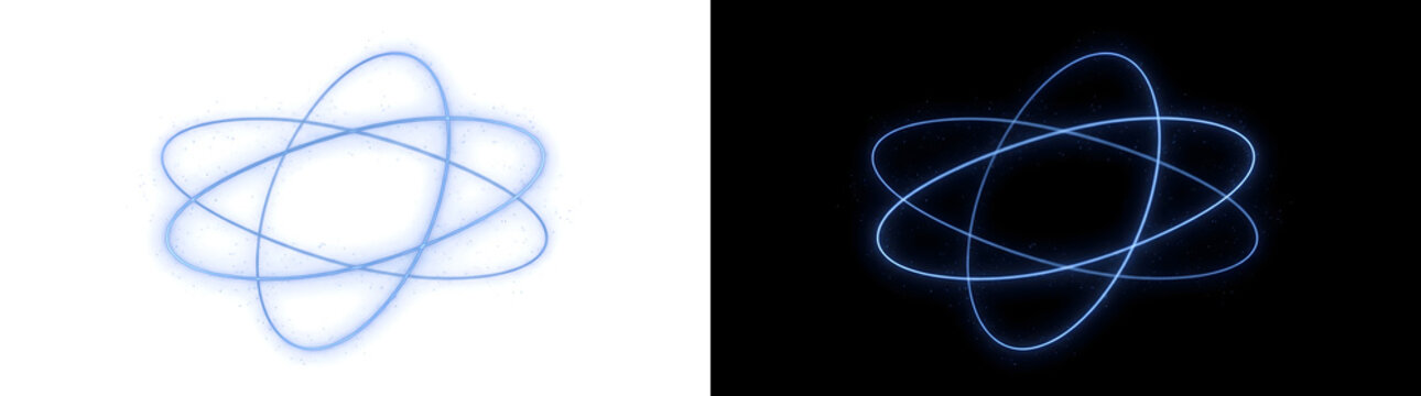Orbit glowing blue atomic orbit rings intersect in three dimensional atom shape for science design PNG, Transparent and Black Background Versions for editing