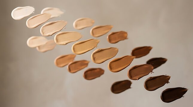 Set of liquid foundation makeup swatches showing various skin tone shades in a gradient pattern. skintone palette
