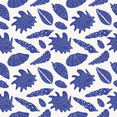 Obraz premium Seashell pattern in monochrome blue palette. Mediterranean sea animals in doodle style. Whimsical coastal summer illustration on white background.