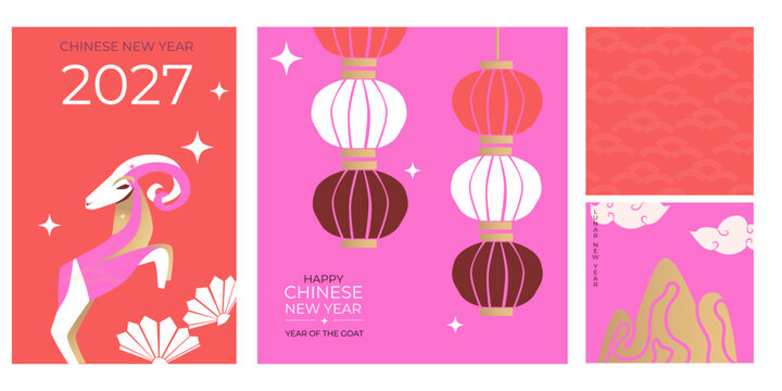 Set of Chinese New Year of Goat 2027 colorful banner set. Square and vertical Lunar New Year designs in minimalist flat style. Vector illustration of Chinese Goats and orange, lanterns