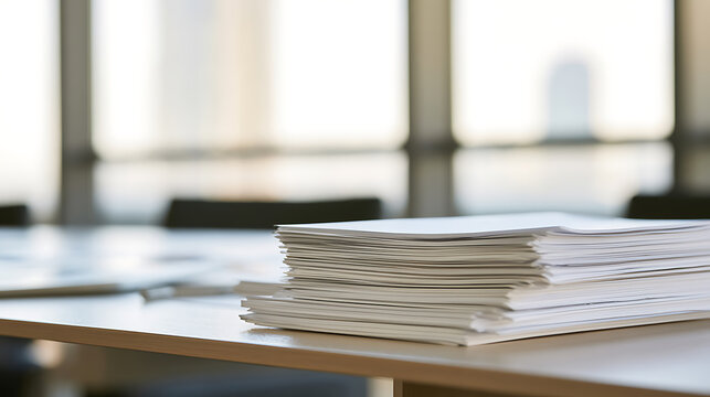 A neat stack of white paper documents on an office desk in a corporate conference room with large windows in a bright minimalist interior