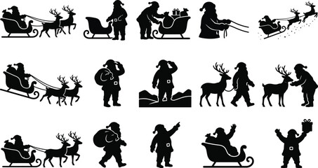 Fototapeta premium Santa Claus Silhouette Vector Set with Reindeer and Sleigh Icons; Minimalist Black Illustrations for Christmas Holiday Designs, Craft Projects, Cards, and Winter Festive Decor.