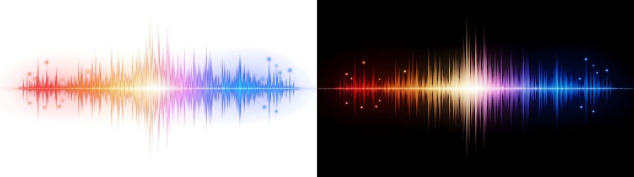 Wave vibrant rainbow gradient audio sound wave equalizer glows with colorful frequency spikes for music design PNG, Transparent and Black Background Versions for editing