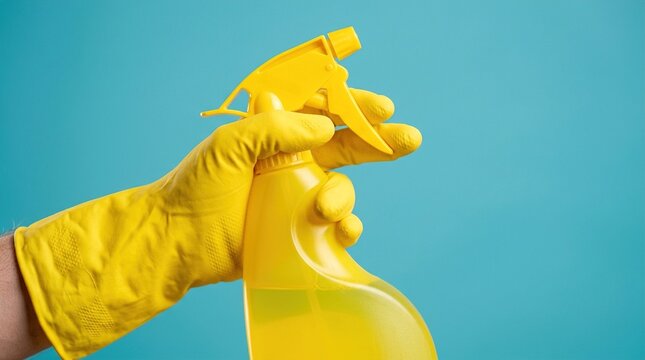 Gloved hand holding a yellow spray bottle against a blue background represents household cleaning chores hygiene maintenance and sanitization procedures.