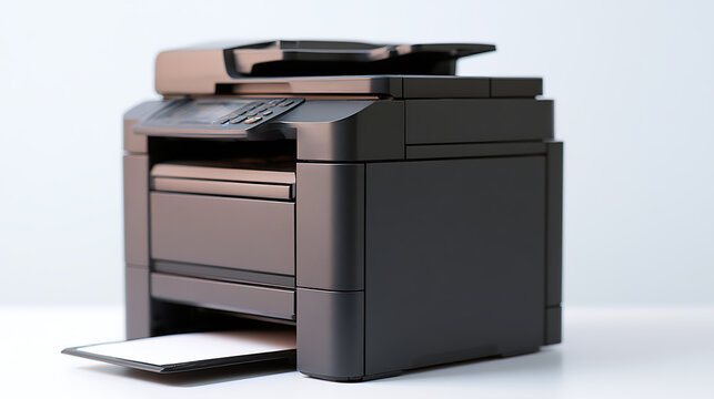 Modern black multifunction office printer device on white desk surface with clean minimal background corporate business document equipment output