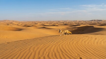 Fototapeta premium Fennec Fox in the Desert Dunes: A lone fennec fox with large ears navigates the vast, sun-drenched desert landscape, its silhouette stark against the golden sand dunes under a clear blue sky.