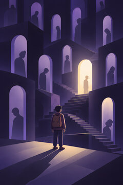 Lonely person standing in a surreal maze of stairs and glowing archway portals