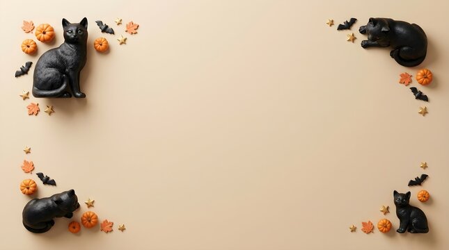 Halloween frame with black cats and pumpkins on beige background for holiday greeting card