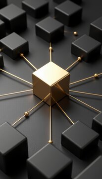 Futuristic abstract geometric composition with gold cube