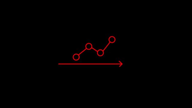 A futuristic bright red graph with circular nodes and directional arrows on a black background, symbolizing stock market analytics data, growth and financial forecasting strategies.