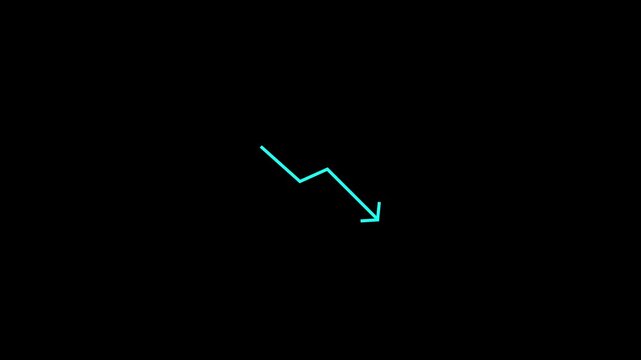 A futuristic cyan arrow graph line moving downwards on a black background, symbolizing the concept of financial loss, market decline, economic recession, business collapse and failure.