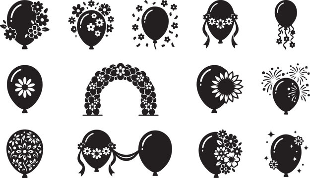 Assorted black silhouettes of balloons with floral arches, fireworks, and ribbons for festive party and celebration decoration