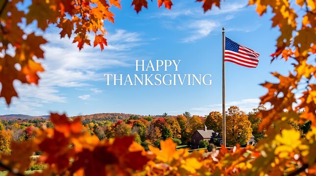 American flag waving amidst vibrant autumn foliage for thanksgiving holiday