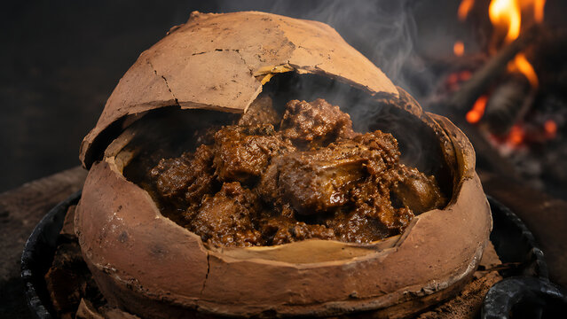 Champaran clay-pot mutton  rich slow-cooked meat coated in garlic-heavy masala  traditional sealed clay handi cracked open after cooking  steam rising