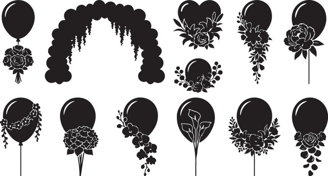 Assortment of black and white balloon silhouettes adorned with various flower types including roses, peonies, and orchids for event styling