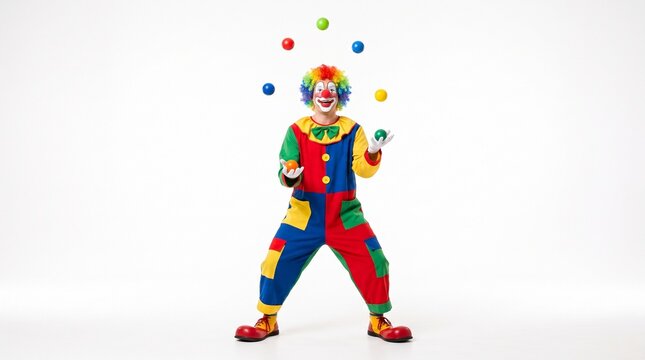 Professional clown in colorful costume juggling bright balls on white background for circus and party entertainment