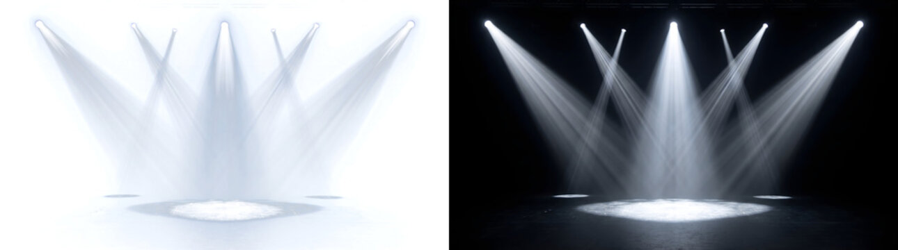 Spotlight multiple crossing white stage light beams illuminate empty concert floor with rigging above for design PNG, Transparent and Black Background Versions for editing