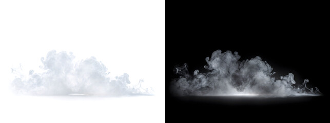 Fog puffy white smoke clouds hover low above dark floor with soft glowing highlights for design PNG, Transparent and Black Background Versions for editing © Nyxthrasza
