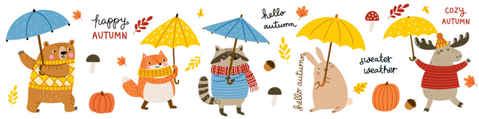 Fototapeta premium Cute autumn animal collection with moose, fox, rabbit, raccoon and bear wearing cozy sweaters and holding umbrellas. Hand drawn vector illustrations for seasonal designs, stickers and prints. Vector