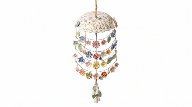 Delicate hanging floral mobile with pastel-colored blossoms and intricate detailing, perfect for whimsical decor
