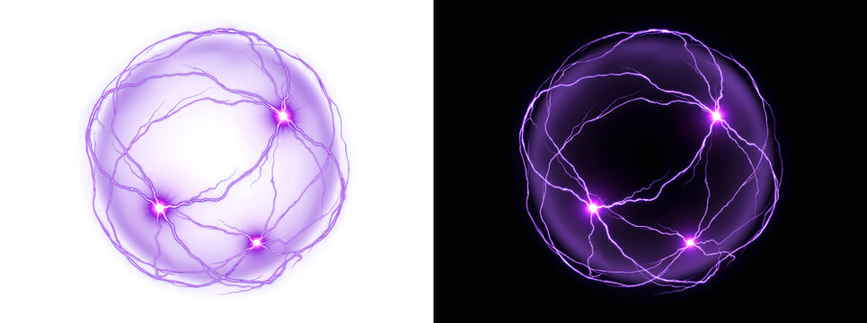Bolt crackling purple plasma sphere with electric lightning arcs forms glowing orb for sci fi design PNG, Transparent and Black Background Versions for editing