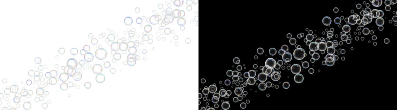 Bubble transparent soap bubbles rise diagonally in varied sizes with rainbow reflections for playful design PNG, Transparent and Black Background Versions for editing