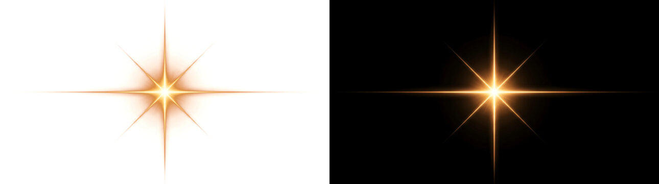 Sparkle clean minimal golden star light flare shines with crisp eight point rays for elegant design PNG, Transparent and Black Background Versions for editing