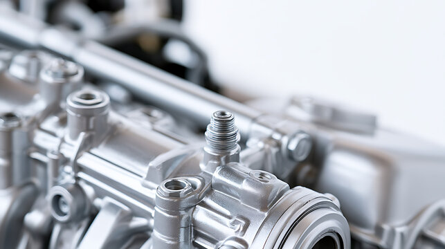 Close up view of clean shiny silver metal engine parts with bolts and valves in modern industrial workshop for automotive repair project
