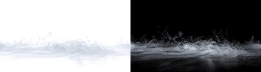 Fog swirling white ground fog waves flow smoothly across dark surface with rising wispy tendrils for design PNG, Transparent and Black Background Versions for editing © Nyxthrasza