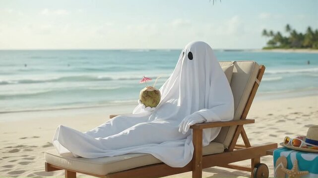 Person in ghost costume relaxing on beach lounge chair with coconut drink