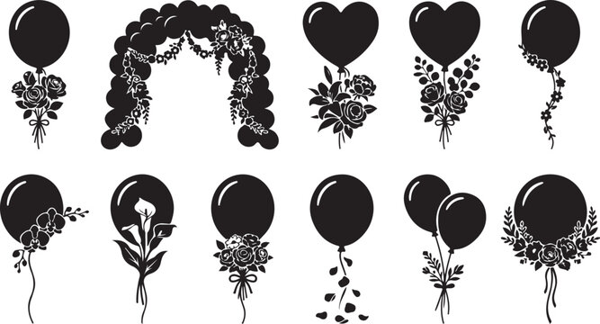 Set of black and white balloon silhouettes decorated with floral arrangements, roses, lilies, and orchids for wedding or party decoration