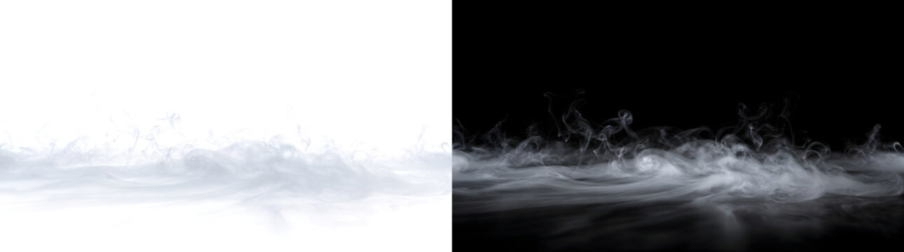 Fog swirling white ground fog waves flow smoothly across dark surface with rising wispy tendrils for design PNG, Transparent and Black Background Versions for editing