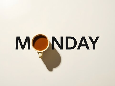 Coffee cup on white surface with word monday written next to it and distinct shadow